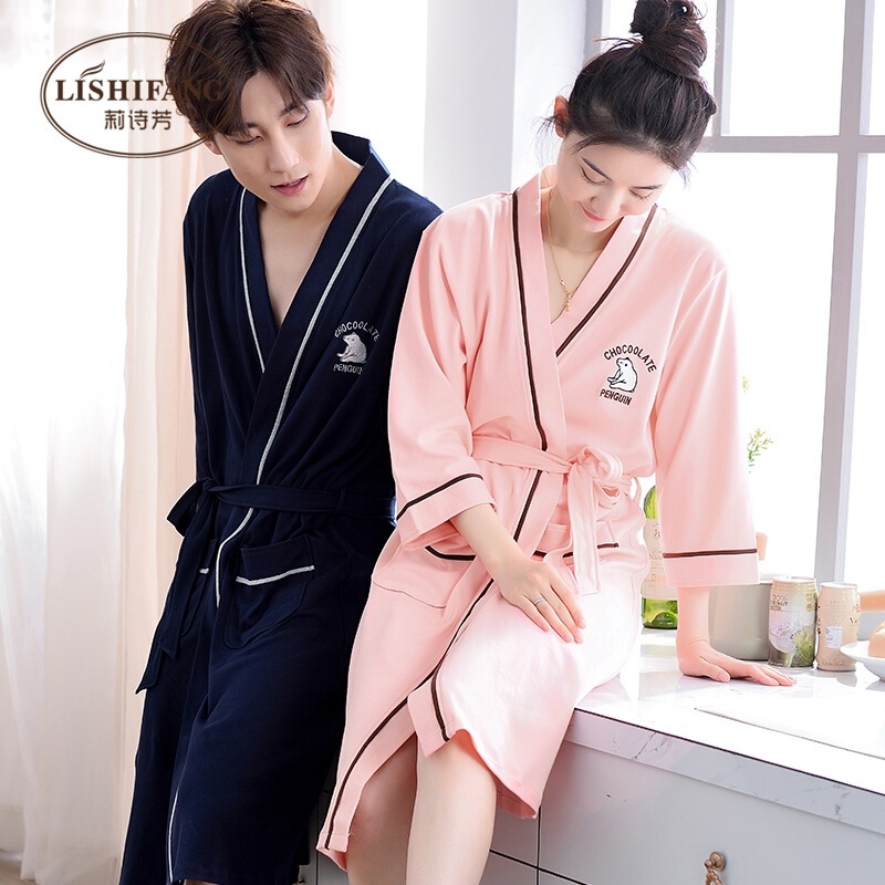 Nightgown Women's Summer 100 Pure Cotton Thin Sexy Bathrobe for Couple Spring and Autumn Long Seven-point Sleeve Men's Pajamas Bathrobe