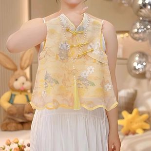 Girls' Chinese-Style Thin Suit Summer New Chinese-Style T-Shirt Skirt Pants Fashionable Children's 2025 New Style