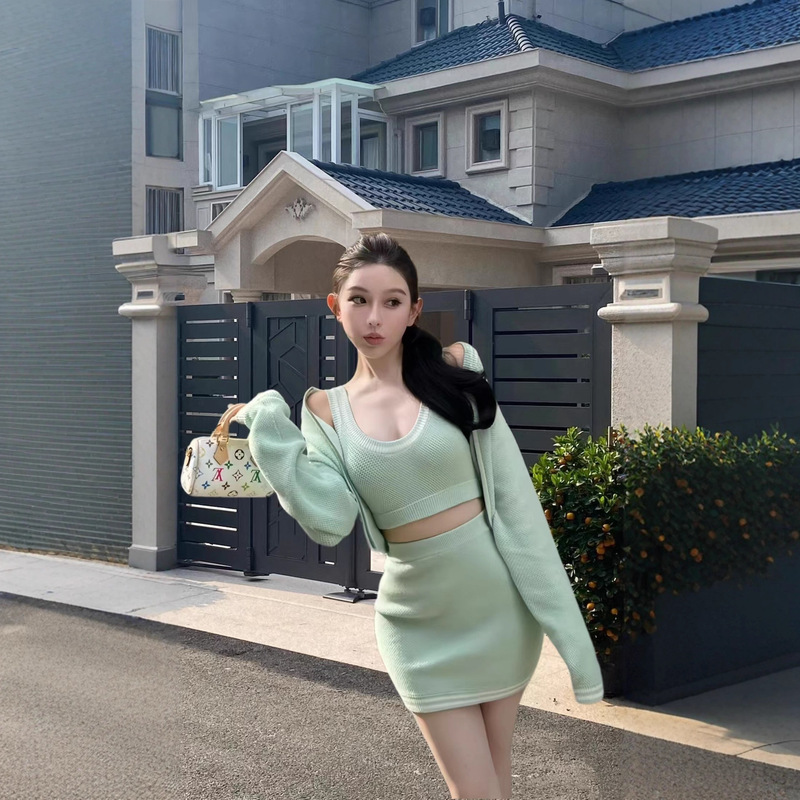 al025秋季 撞色边饰棒球领口拉链针织外套裙子套装|undefined