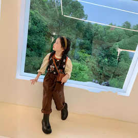 2025春秋季新款女童套装小花朵背心长袖衬衫加长裤三件套装