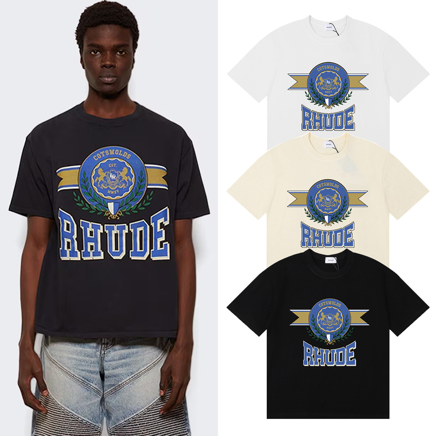 美潮Rhude Crest-print齿痕印花高品质双纱重磅休闲短袖T恤男女潮