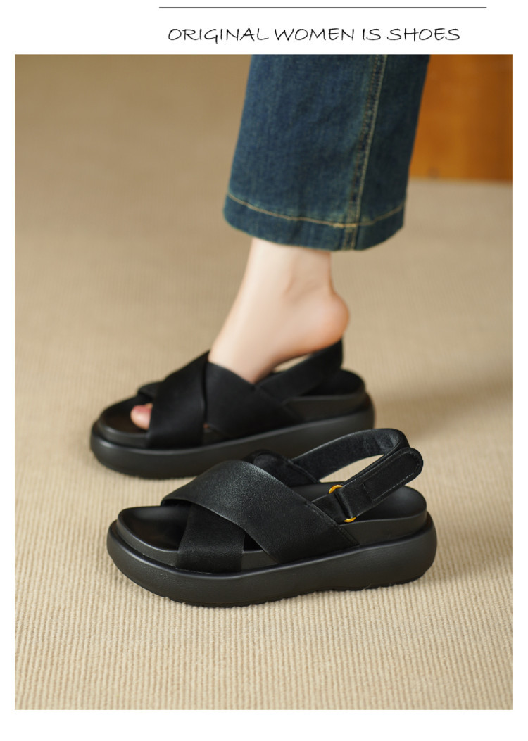 Dép sandal nữ đế xuồng quai hậu mùa hè mới thời trang, thoải mái, đa năng, đế dày, tăng chiều cao, kiểu dáng mở mũi — đen, bạc chi tiết 8