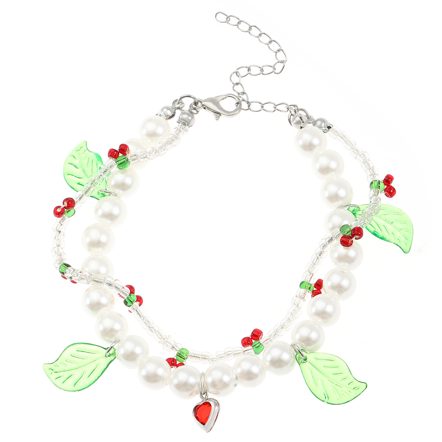 Beaded Design IG Style Sweet Leaves Cherry Imitation Pearl Alloy Seed Bead Beaded Chain Beaded Bracelets Wholesale