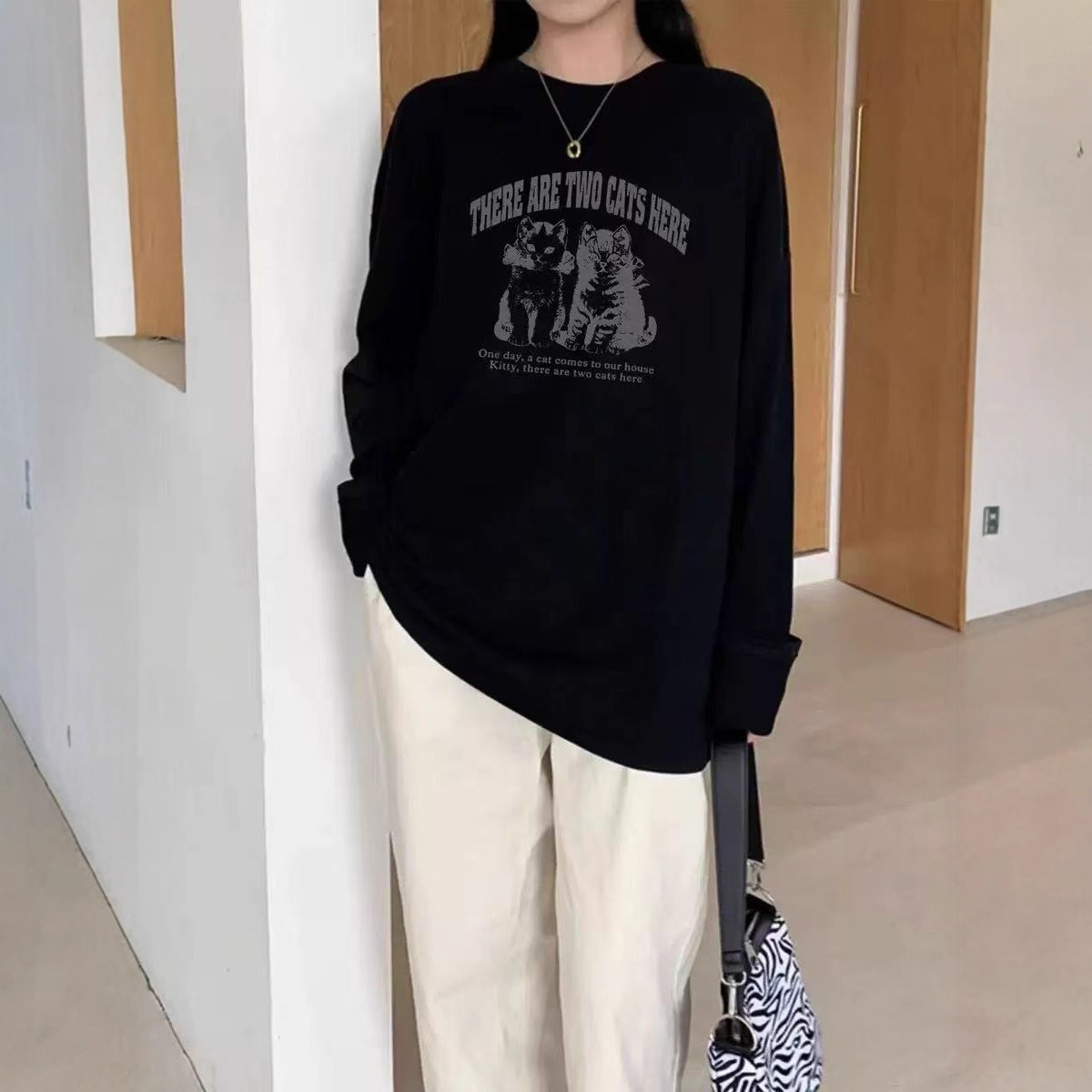 日系潮牌bf猫咪印花长袖t恤女春秋高级感宽松百搭中长款休闲上衣