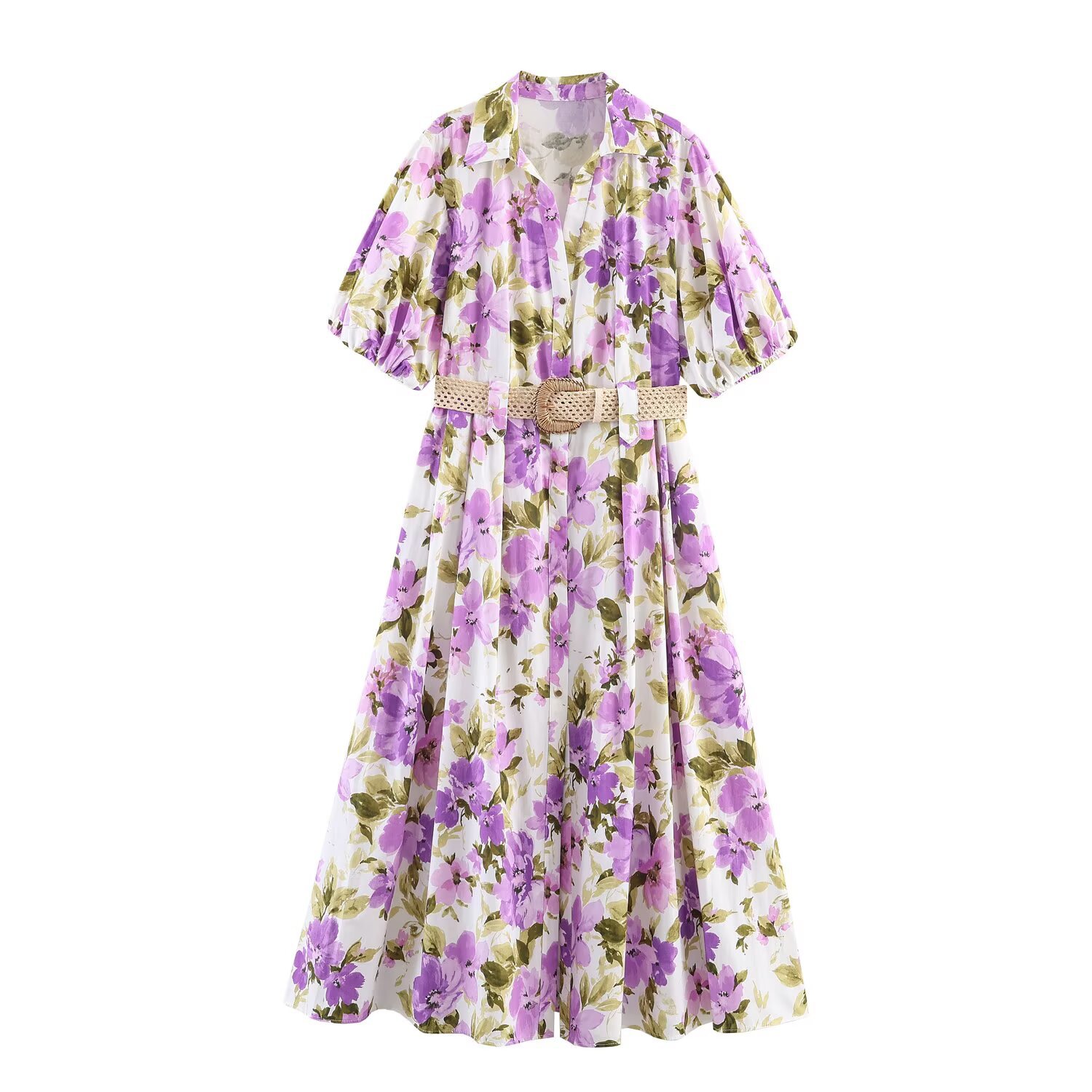 Women's Clothing Women's Floral Print Dress With Belt Slit Dress Waist Cinching Commuter Style For Formal & Casual For Women_ecoleips.com