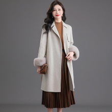 25新款宽松型羊驼绒大衣狐狸毛领中长款加厚纯色羊毛双面呢大衣女