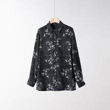 新款春季真丝衬衫女复古印花长袖桑蚕丝衬衣宽松方领上衣中长款