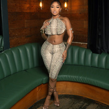 欧美风2025秋季跨境新款时尚数码印花性感辣妹系带抹胸露脐裤套装