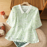 2025新款印花短袖衬衫女士夏季轻薄撞色碎花高级感翻领衬衣