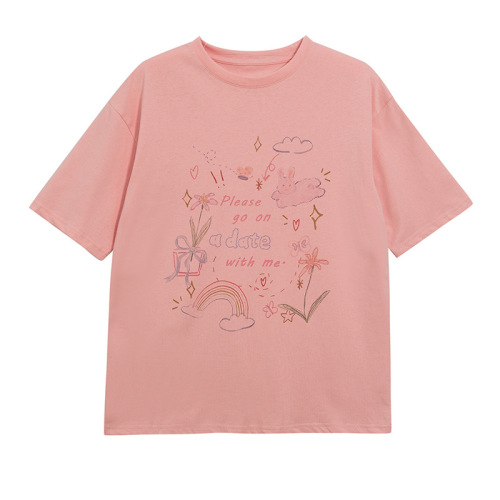 Royal Youthful Girl Cartoon Print Cotton Short-Sleeve T-Shirt for Women 2025 Spring Round Neck Tunic Top Fresh Style