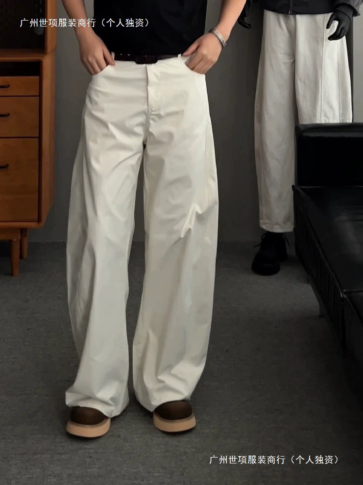 Белые силуэтные быстросохнущие брюки-сабли, мужские летние тонкие широкие повседневные брюки из ледяного шелка, рабочие брюки в американском стиле ретро
