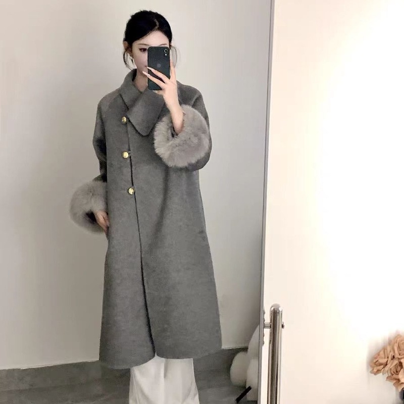 春秋新款双面呢加厚毛呢子大衣冬狐狸毛长款毛呢外套女千金感大衣|undefined