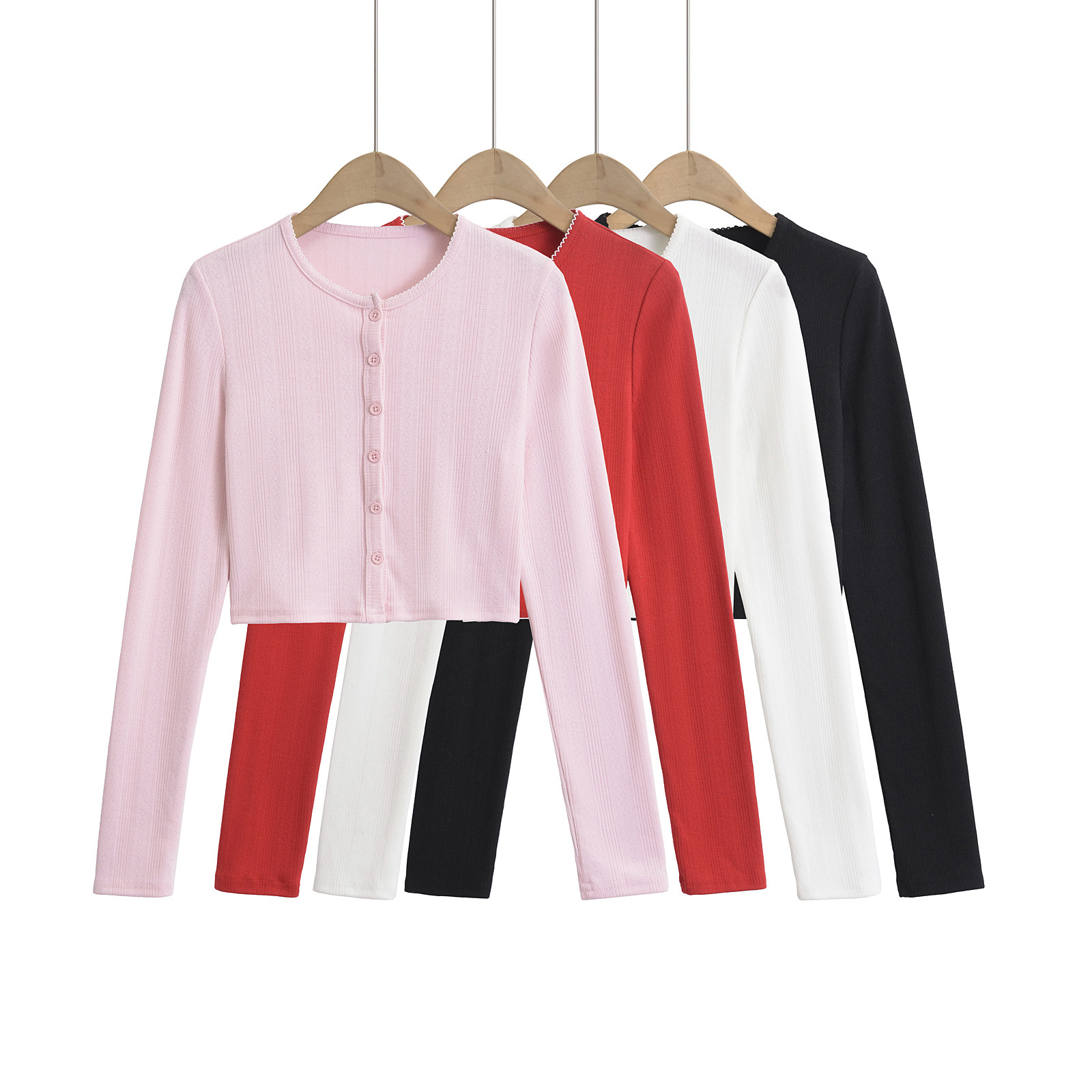 DS24118-24 Summer New European and American Style Six-grain Buckle Teeth Round Neck Long-sleeved Casual Short Knitted Cardigan