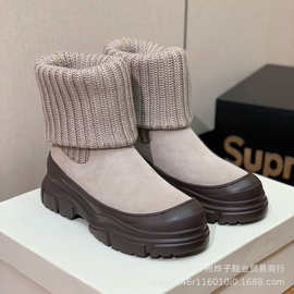 磨砂皮短靴女23新款时尚袜子靴厚底烟筒靴折针织毛线弹力瘦瘦靴潮