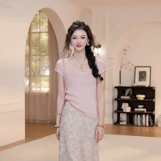 夏日穿搭套装女2025新款夏季纯色U领短袖针织衫碎花半身裙两件套