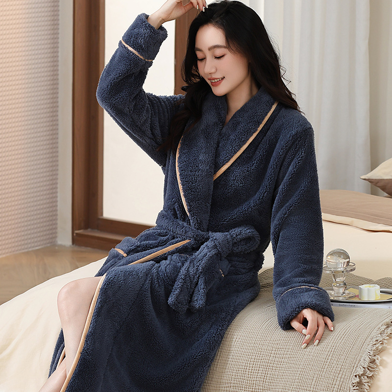 睡袍女2025秋冬珊瑚绒加厚长款浴袍简约纯色家居服保暖锁温晨袍|undefined