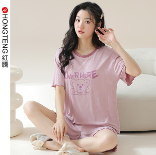 New ice silk pajamas women's summer modal thin short-sleeved shorts can be worn outside plus size casual home wear suit