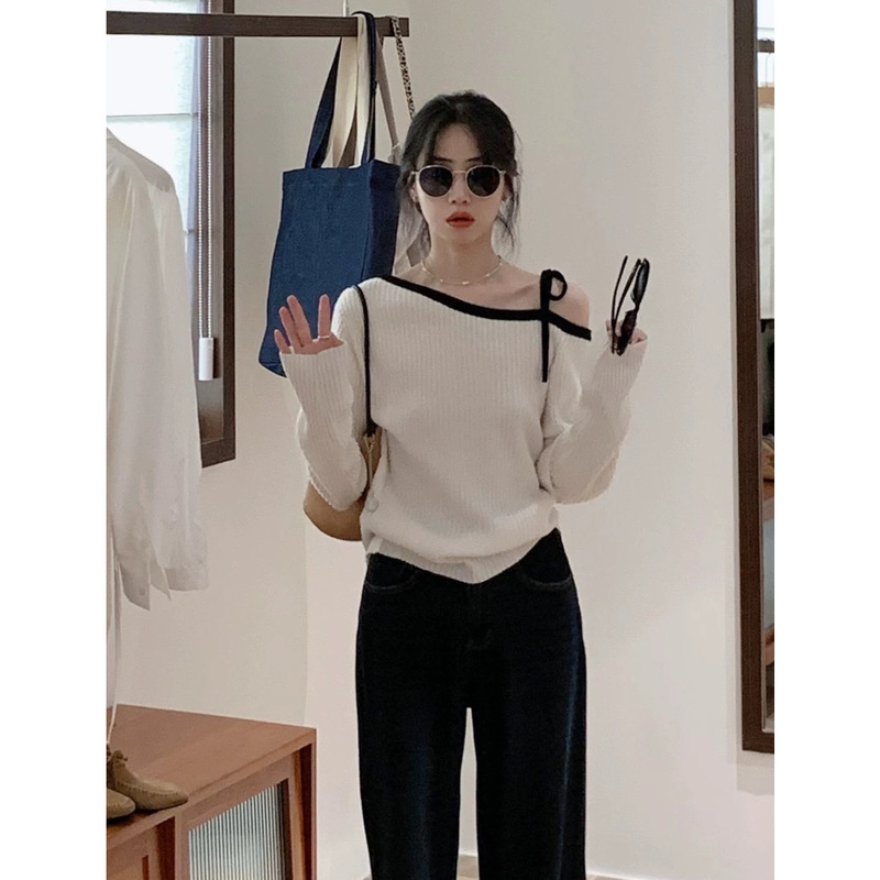 BRIVIN Korean-style White All-wool Knitted Sweater Women's 2024 Early Autumn New Off-shoulder High-end Lazy Fashion Top