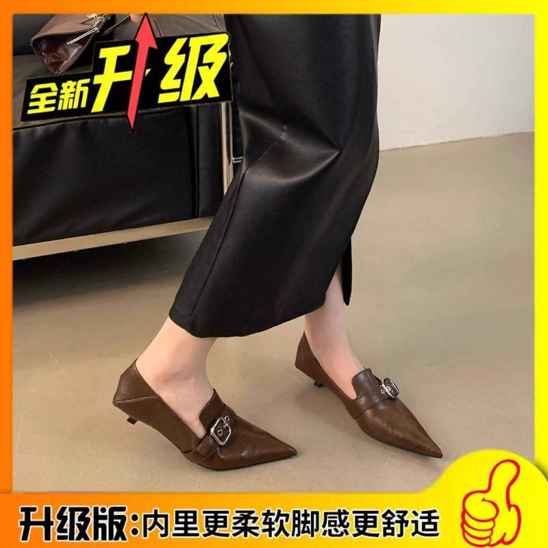 潮牌2025秋季皮带扣低跟尖头单鞋女气质软皮踩跟猫跟中跟小皮鞋|undefined