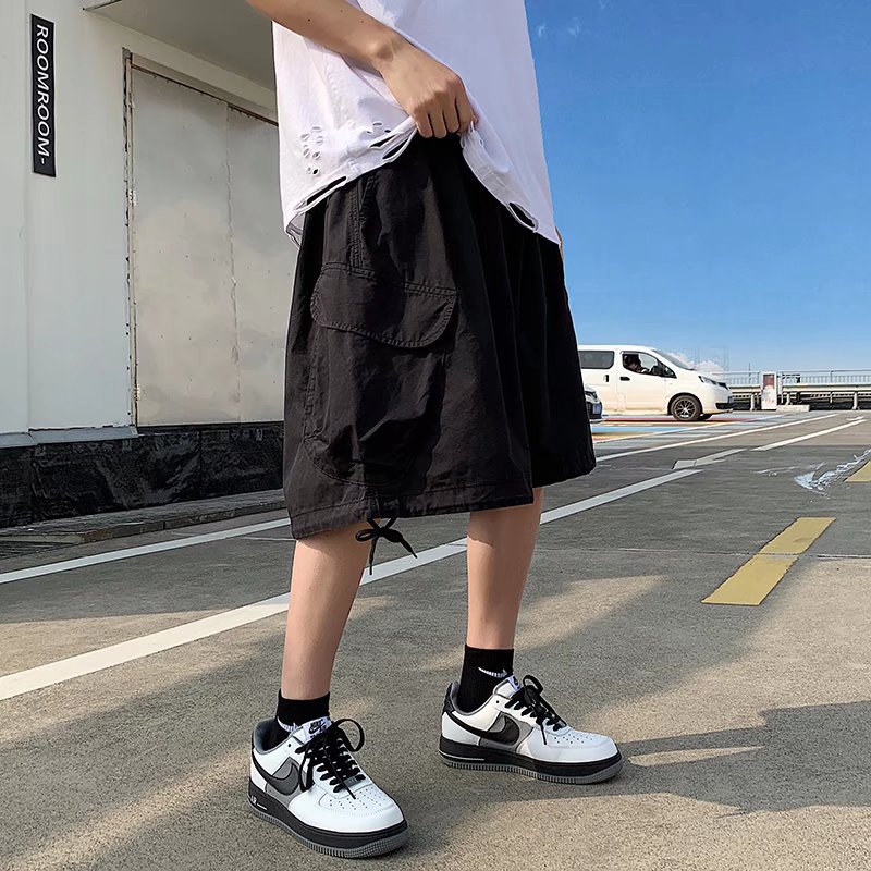 American retro large pocket overalls men's trendy 2024 summer casual high street drawstring pants wholesale