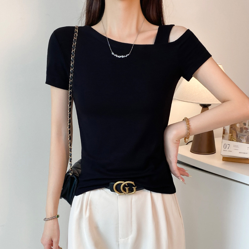 White Sloping Shoulder T-Shirt Women's Short-Sleeved Summer Tight-Fitting Suspender One-Line Collar Off-Shoulder Top Black Body Shirt 2025 New Style