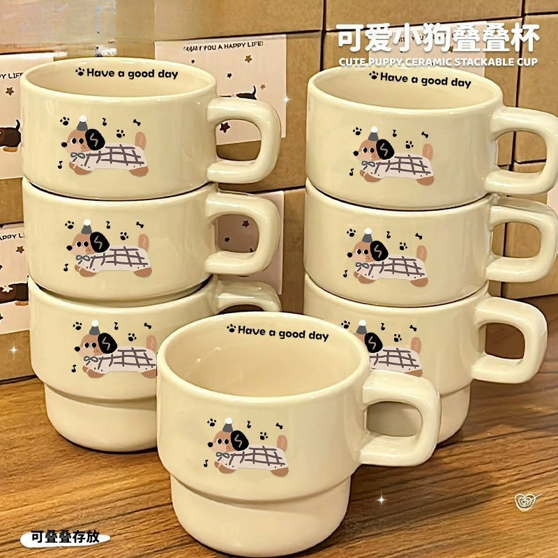 Stackable Ceramic Mug, light luxury dachshund design, breakfast cup with handle and spoon option