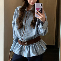 设计感撞色条纹长袖衬衫女早秋小众休闲宽松衬衣POLO领高级感上衣