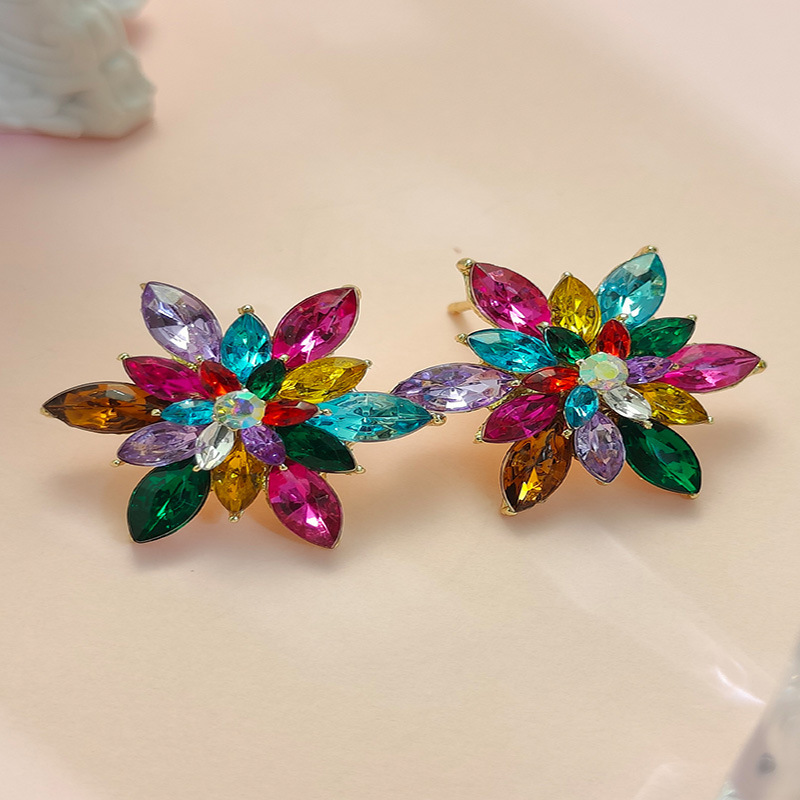 跨境SHEIN热卖欧美夸张花朵彩色镶水钻耳钉耳饰气质高级繁花耳环