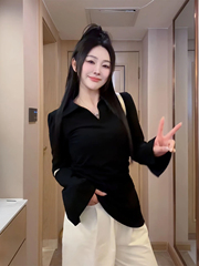 大码不规则polo领长袖t恤女秋季胖mm修身显瘦喇叭袖收腰短款上衣