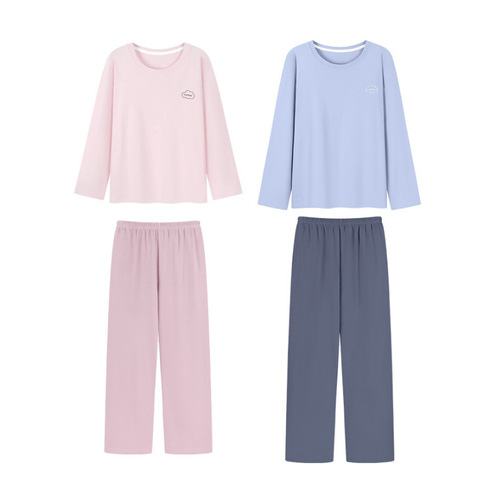 Couples pure cotton pajamas men's combed cotton spring and summer 2025 new style long-sleeved pullover round collar women's home wear set