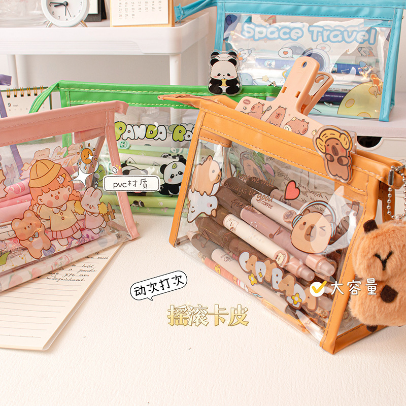 Estuche transparente para lápices con gran atractivo estético para estudiantes de primaria, niñas y niños; lindo estuche para lápices para jardín de infantes; bolsa de almacenamiento con dibujos animados.