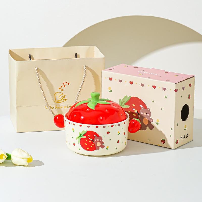 Cartoon Strawberry adorable tazón de fideos de chicas bolos de fideos caseros bolos de cerámica de doble oreja con cubierta cubierta de platos de regalo set de platos