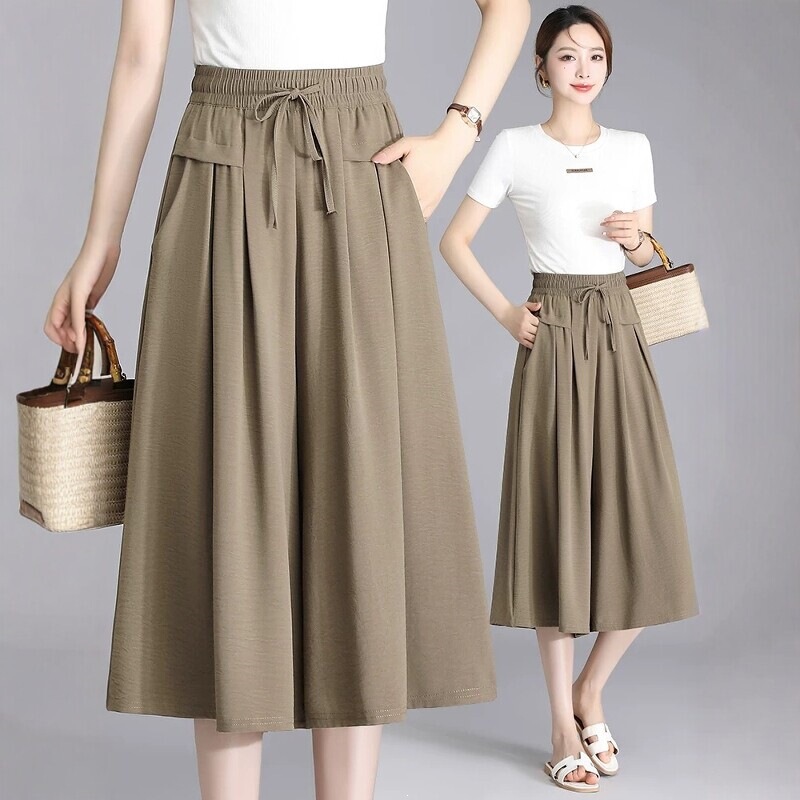 Women's Cotton-Linen-Ice-Silk Cropped Wide-Leg Pants, New Summer Style for Petite Women, Linen Casual Mom Pants, Thin Breathable Skirt-Pants, Trendy