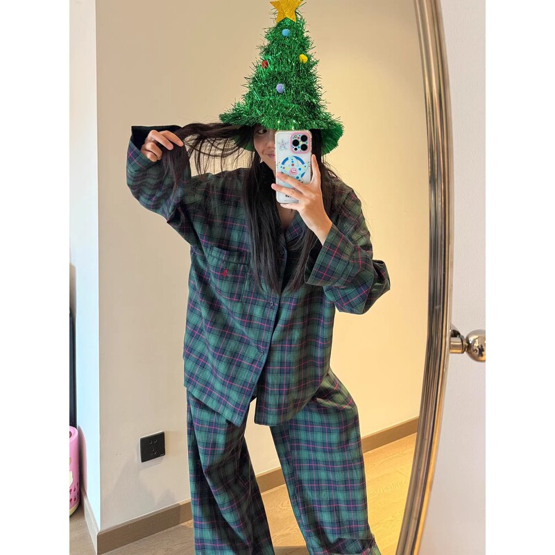 Korean Style Lazy Retro Plaid Pajamas for Women, Spring and Autumn Casual Simple Cardigan Long-Sleeved Long Pants Home Wear Set Korean Style Lazy Retro Plaid Pajamas for Women, Spring and Autumn Casual Simple Cardigan Long-Sleeved Long Pants Home Wear Set