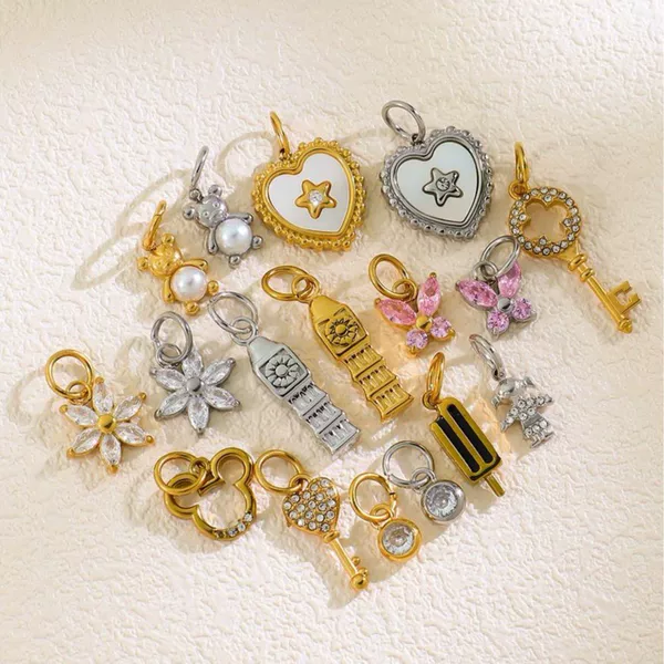 Daily Heart-Shaped Big Ben Bear Butterfly Flower Pendant Accessories Micro-Paved Zircon DIY Jewelry 18K Gold-Plated Pendant
