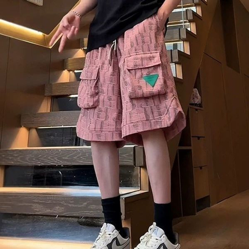 Dopamine Cargo Shorts Men's American Style Multi-Pocket Striped Texture Thin Casual Sports Straight Loose Shorts