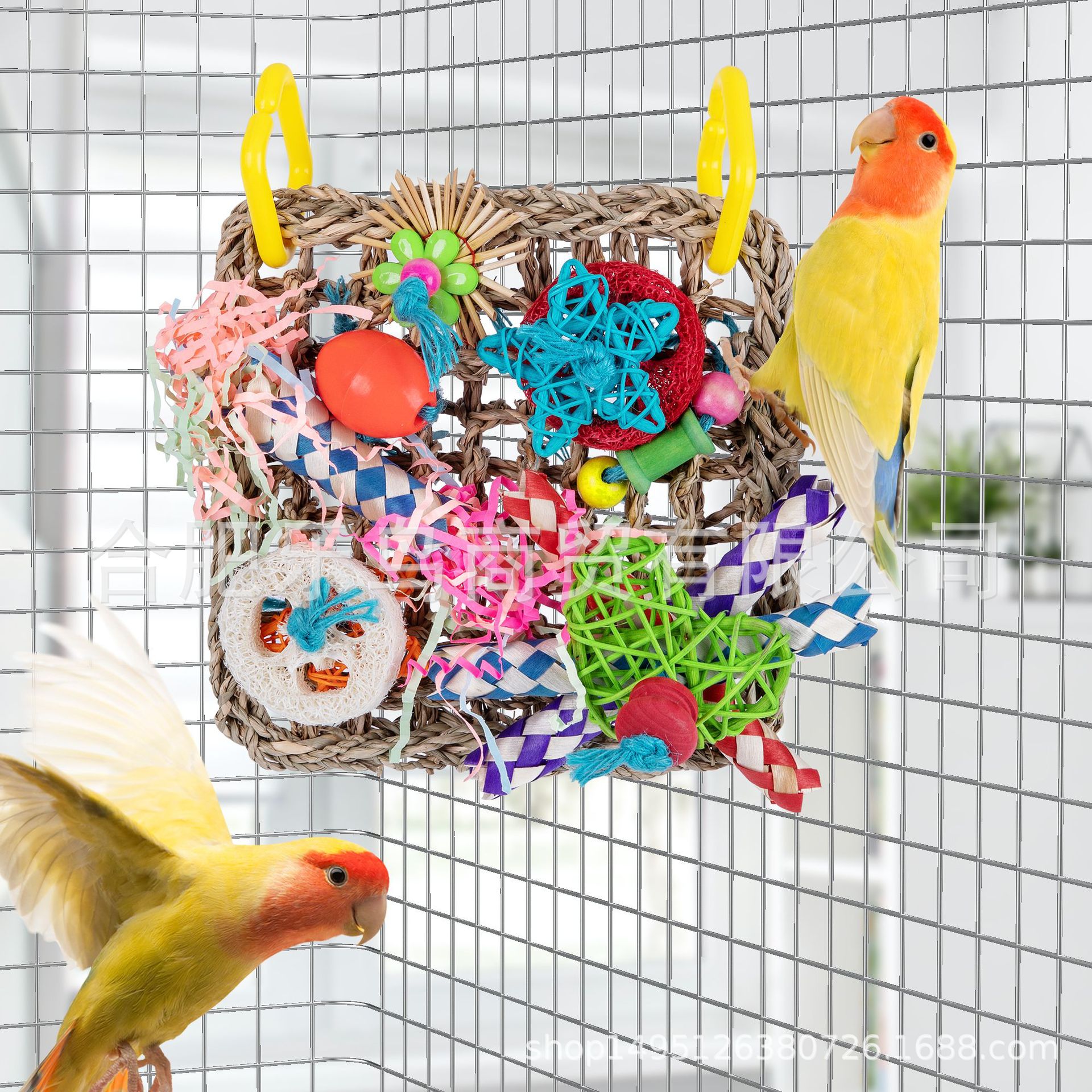 Loro roer juguete suministros de aves malla de hierba de color tejido tubo loofah paja papel de seda roer juguete escalada