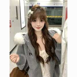 现货灰色大毛领毛呢外套女2025秋冬新款加绒加厚外贸跨境零售批发