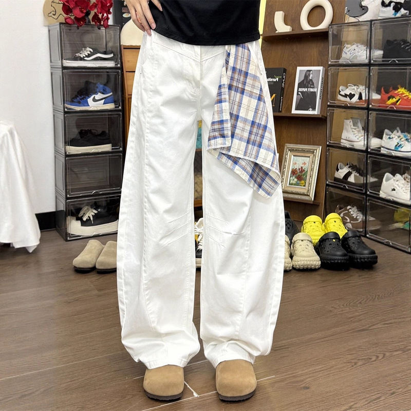 Cleanfit White American Washed Scimitar Denim Casual Pants Men's Loose Baggy Version Draped Sickle Pants