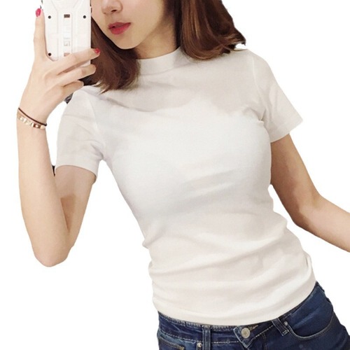 Women's Short Sleeve High-Neck White T-shirt, Bodycon Stretch Top, Summer High-Neck Tight Fitting Thin Base Layer Shirt