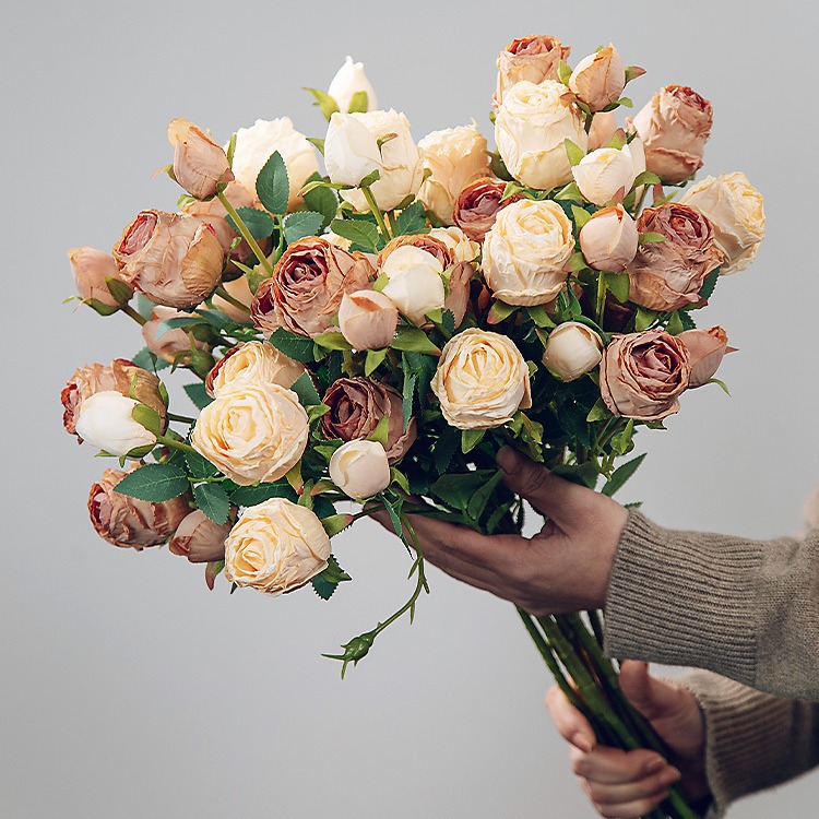 Flores de simulación 5 flores de seda retro rosa de borde focal decoración de boda flores falsas ramo de flores secas diseño de alto nivel