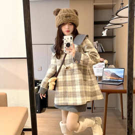 韩系小众风早秋季格子印花呢子牛角扣大衣小个子显瘦洋气超显个性