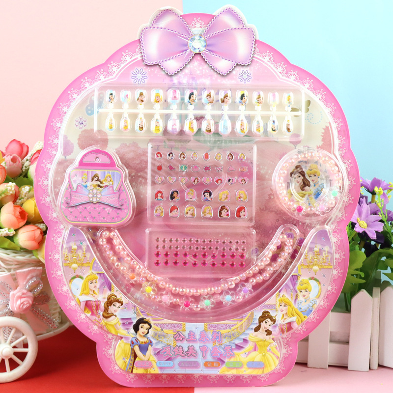 Children's Cartoon Diamond Nail Necklace Bracelet Gemstone Crystal Fake Large Box Set Frozen Princess Sticker