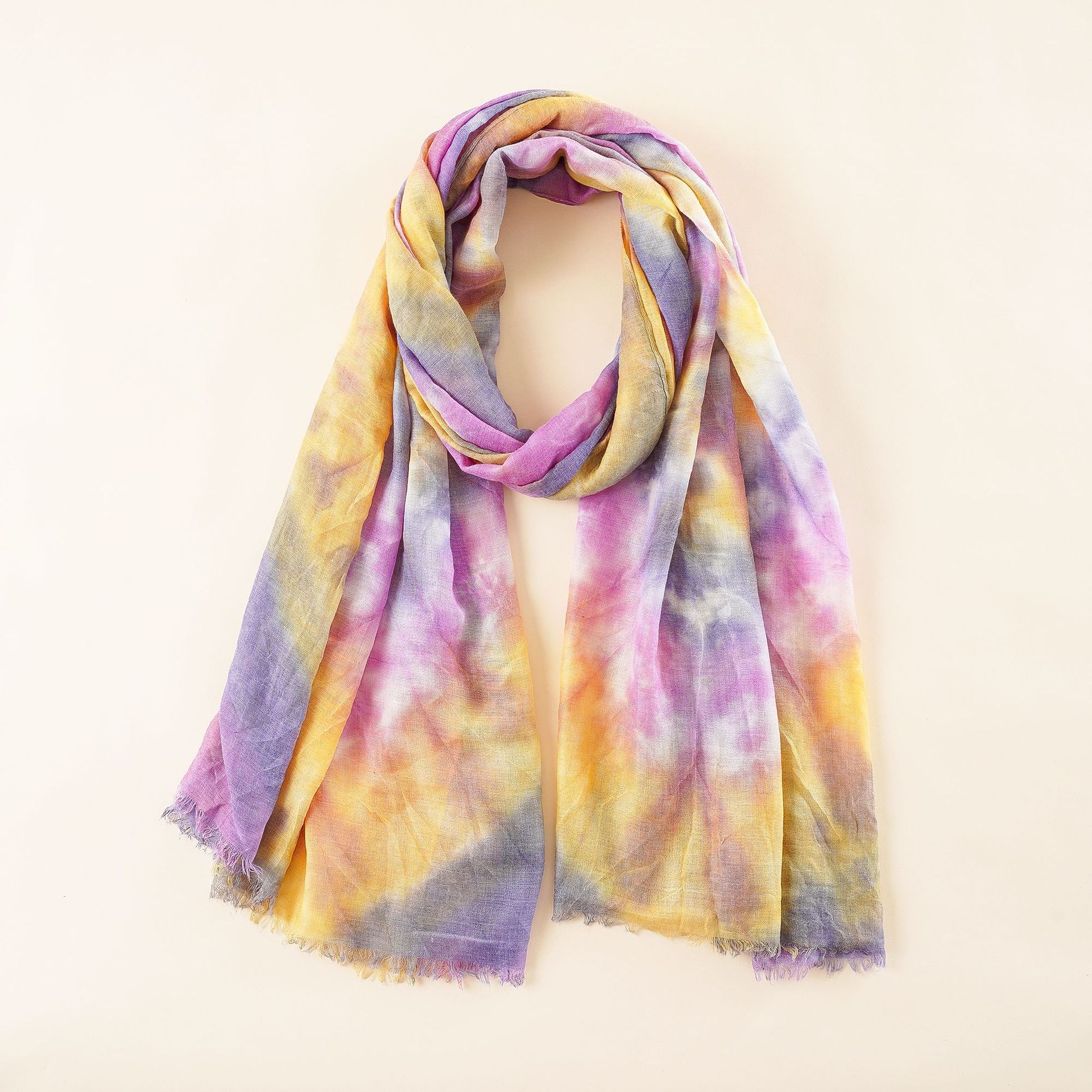 Bufanda de algodón y lino con estampado tie-dye, estilo femenino y elegante, para mujer, novedad de otoño e invierno 2024, bufanda fina para todas las estaciones.