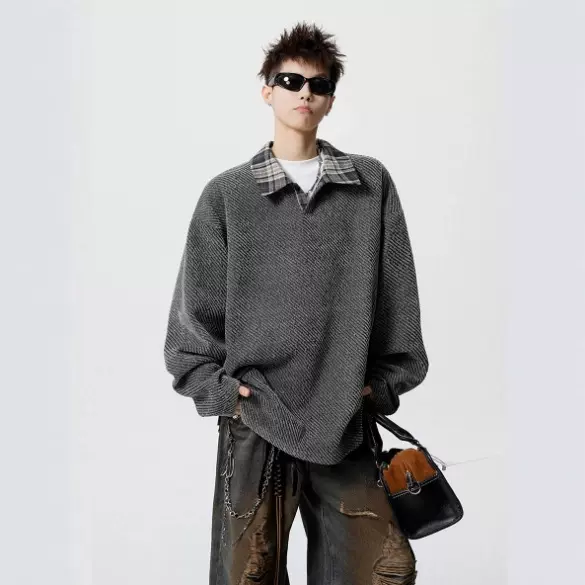 春秋美式潮牌假两件衬衫领卫衣男重磅宽松休闲百搭情侣打底上衣