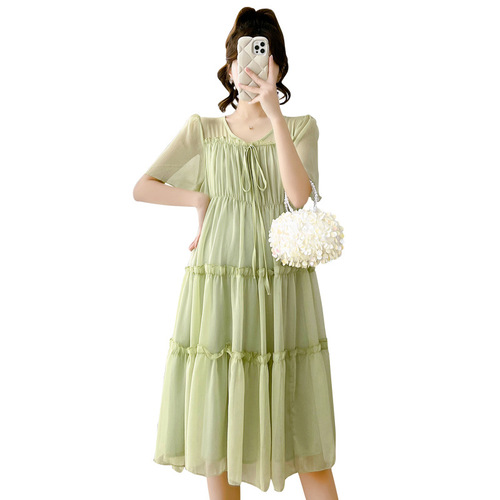 Maternity Summer Wear 2024 New Trendy Style Summer Fashion Chiffon Summer Skirt Loose Medium Long Dress