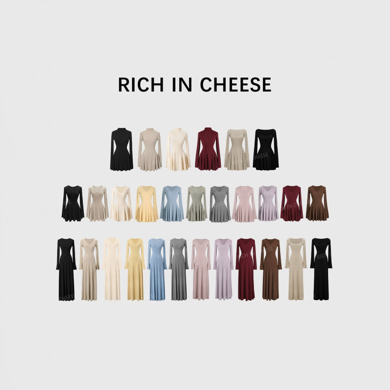 Shuhulei Tea Scented Croissant [Collection] Knitted Dress for Women, Spring Waist-Cinching Slim-Fit Dress