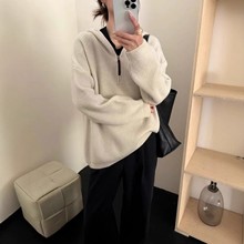 韩系连帽半拉链套头毛衣女秋冬新款跨境休闲半开领子纯色针织上衣
