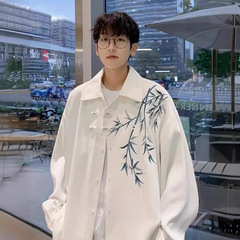 新中国風竹刺繍長袖シャツメンズ春漢服盤ボタン唐装道服シャツコート