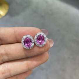 云同珠宝新款925银培育粉蓝宝石耳钉百搭高级感蛋形耳钉现货批发